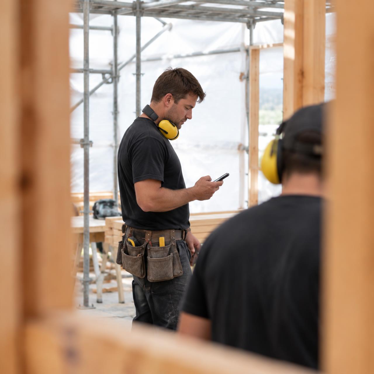 A builder checking his phone inside a shrink-wrapped New Zealand house under construction, seen through timber framing