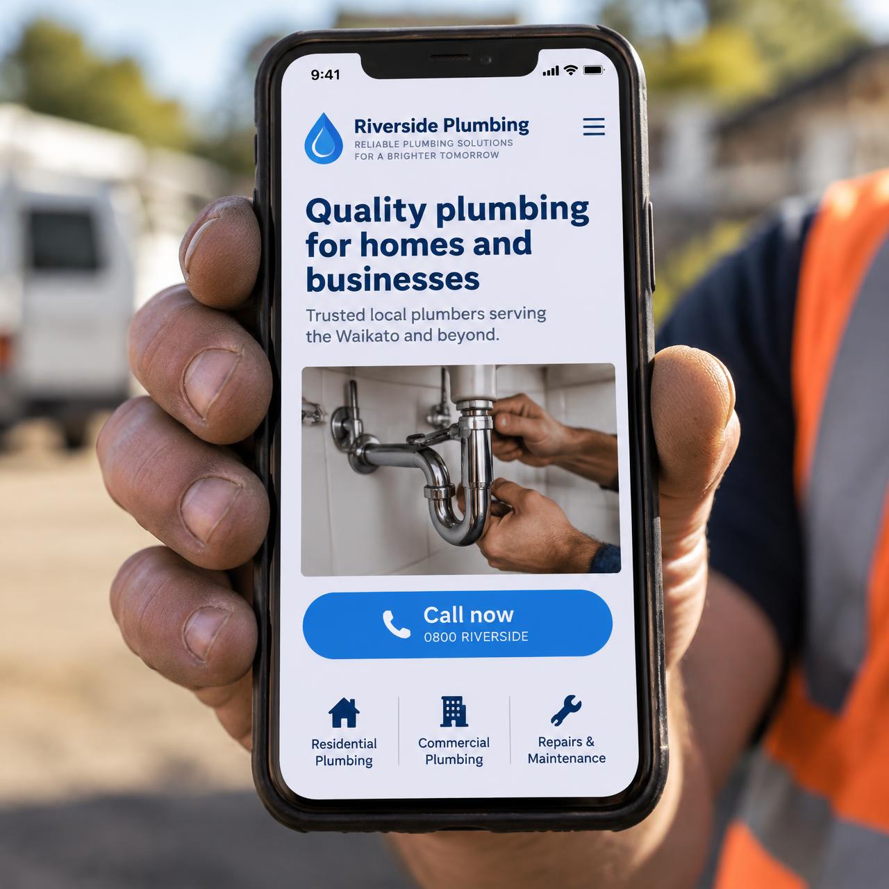 A tradie's hand holding a phone upright outdoors, the screen showing a simple website for a New Zealand plumbing business